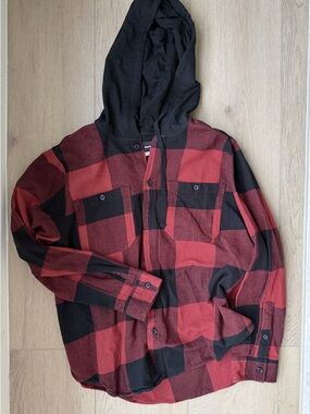 Original Use Red & Black Plaid Hooded Shirt Jacket